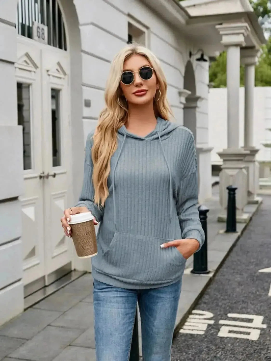 Ribbed Drawstring Long Sleeve Hoodie - Bad Moms Club