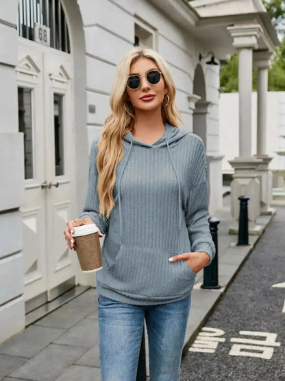 Ribbed Drawstring Long Sleeve Hoodie - Bad Moms Club
