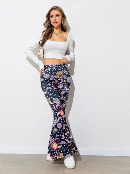 Floral High Waist Flare Leg Pants - Bad Moms Club