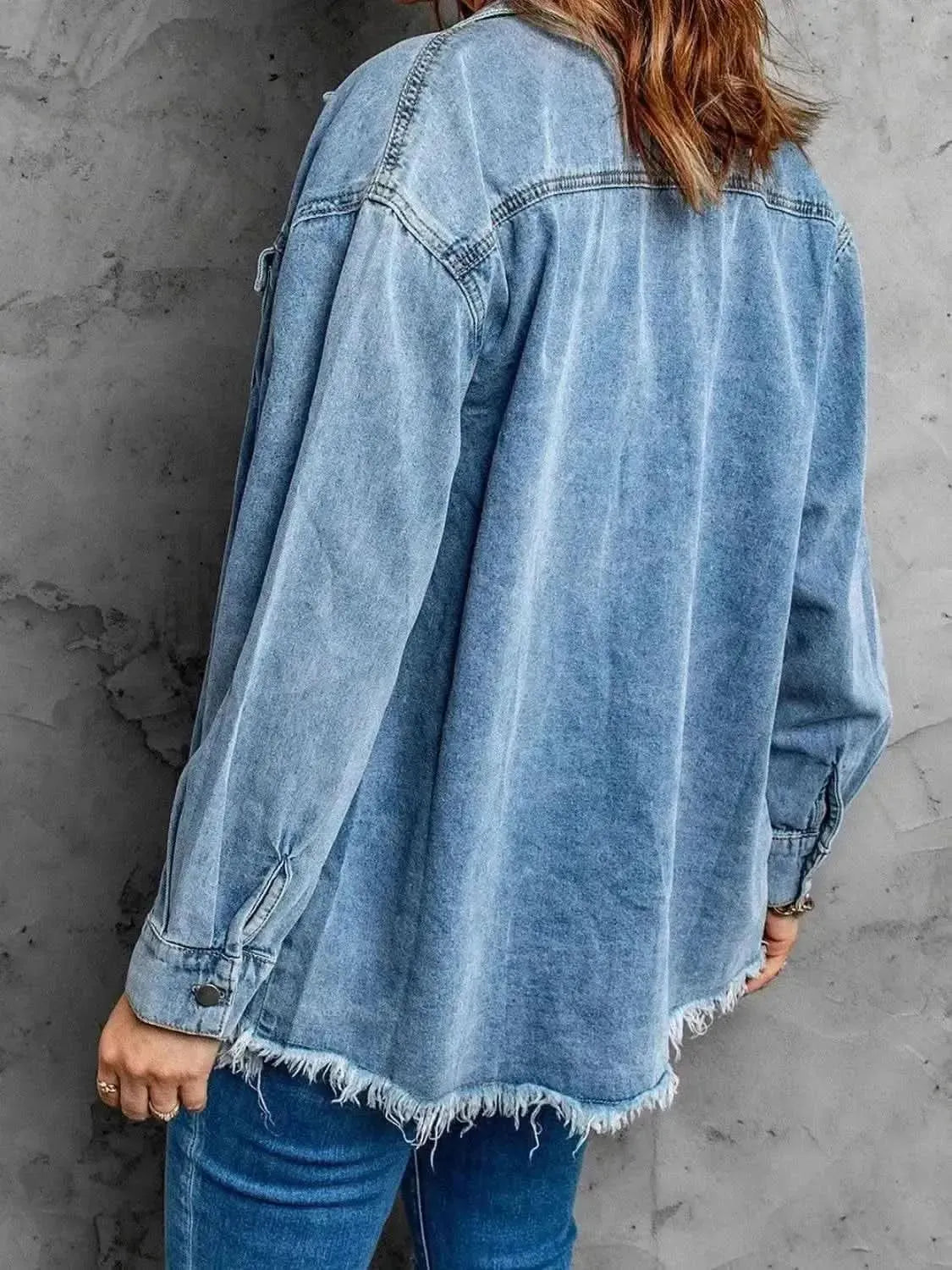 MeiMei Frayed Hem Collared Denim Jacket - Bad Moms Club