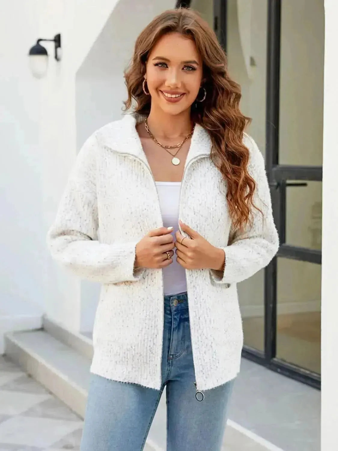 Zip-Up Collared Cardigan with Pockets - Bad Moms Club