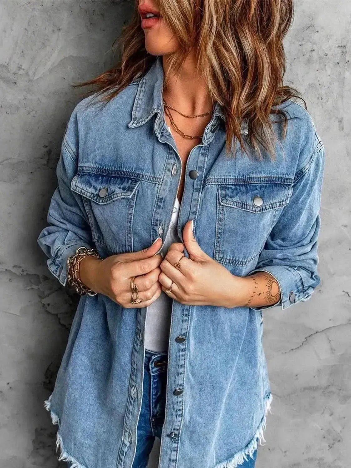 MeiMei Frayed Hem Collared Denim Jacket - Bad Moms Club