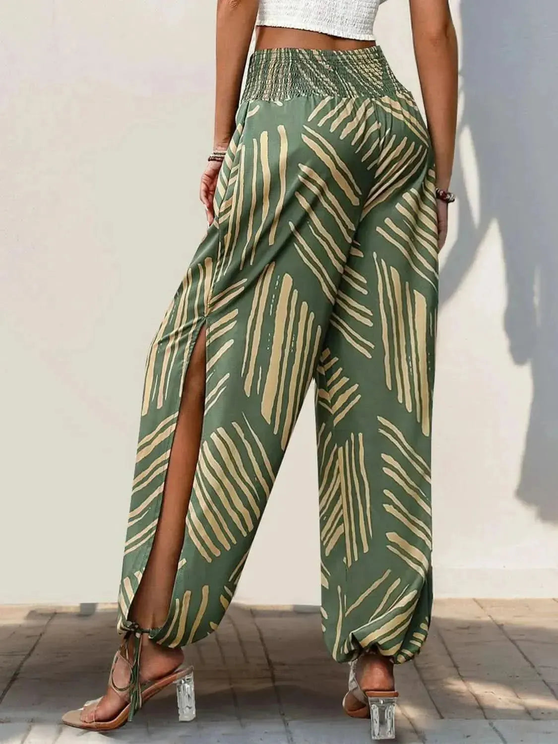 Perfee Smocked Slit Printed High Waist Pants - Bad Moms Club