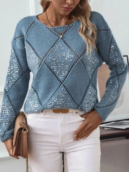 Openwork Round Neck Long Sleeve Knit Top - Bad Moms Club