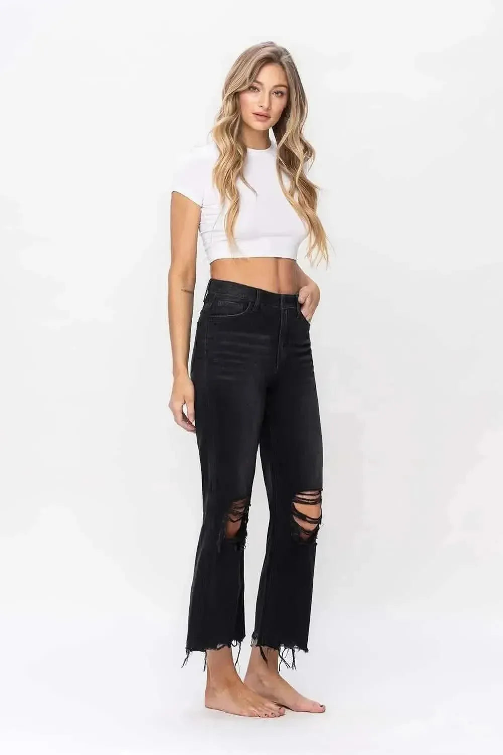 Vervet by Flying Monkey Vintage Ultra High Waist Distressed Crop Flare Jeans - Bad Moms Club