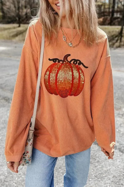 Sequin Pumpkin Round Neck Long Sleeve Sweatshirt - Bad Moms Club