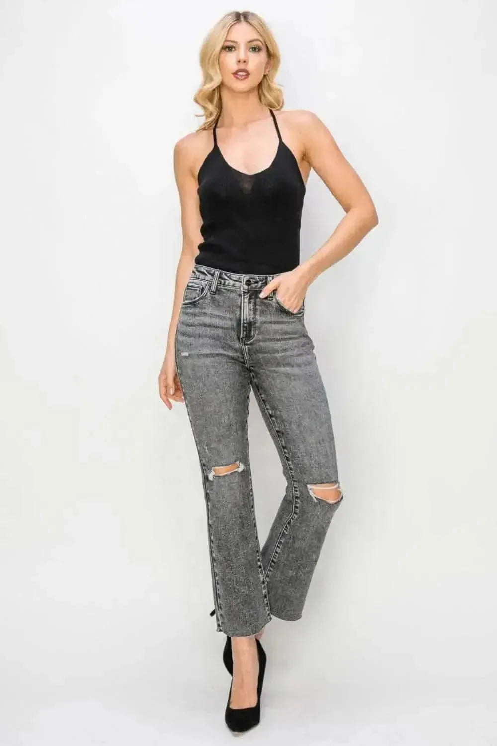 RISEN High Waist Distressed Straight Jeans - Bad Moms Club