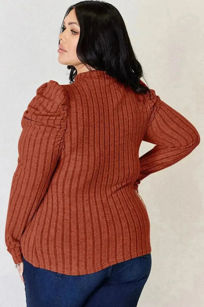 Basic Bae Full Size Ribbed Mock Neck Puff Sleeve T-Shirt - Bad Moms Club