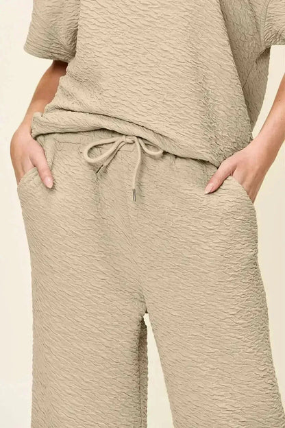 Double Take Full Size Texture Short Sleeve Top and Pants Set - Bad Moms Club