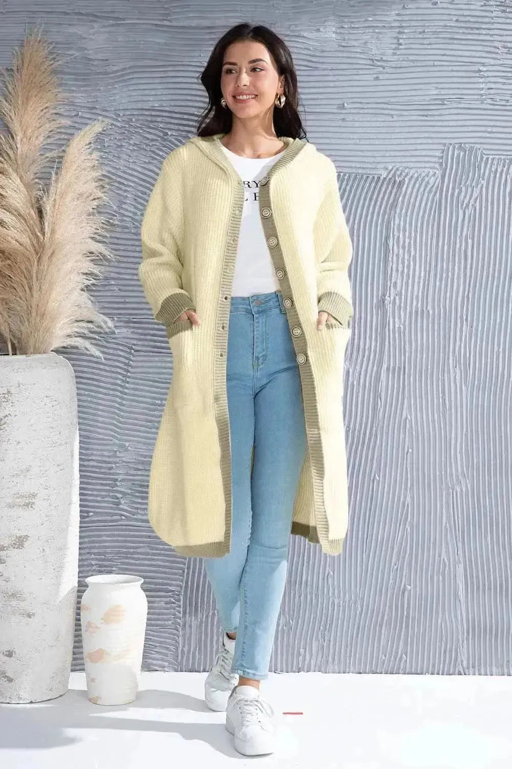 Button Up Contrast Trim Hooded Cardigan - Bad Moms Club