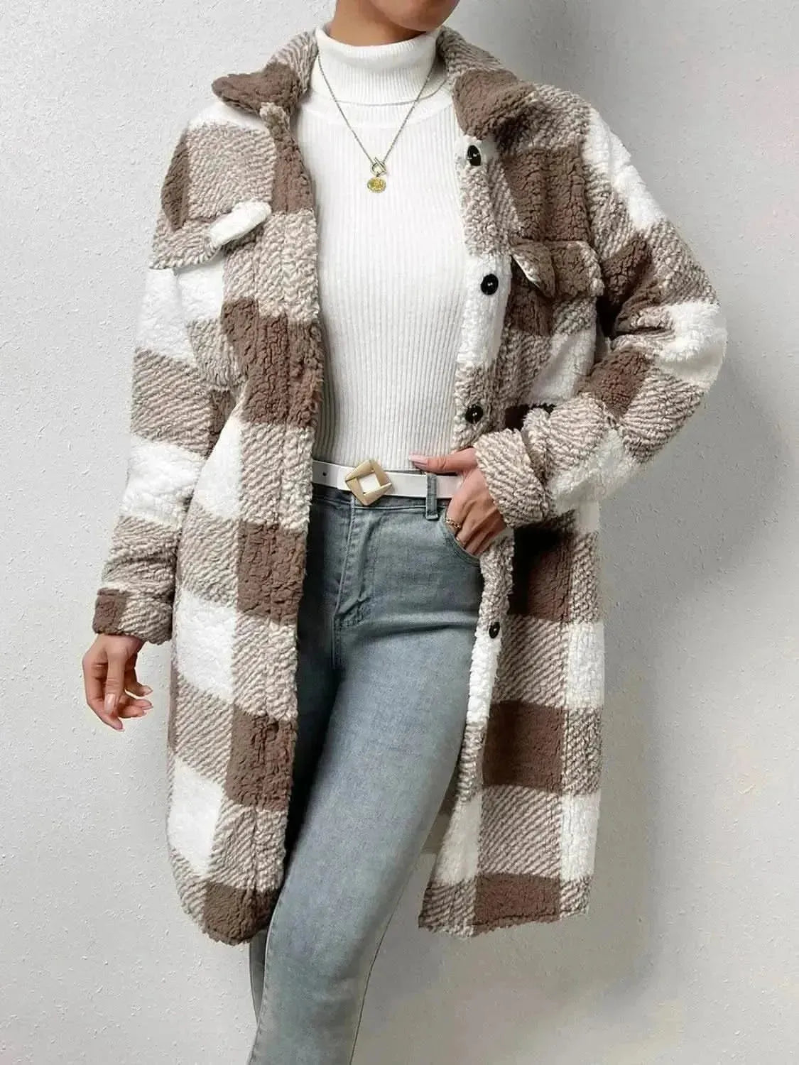 Plaid Collared Neck Button Down Coat - Bad Moms Club