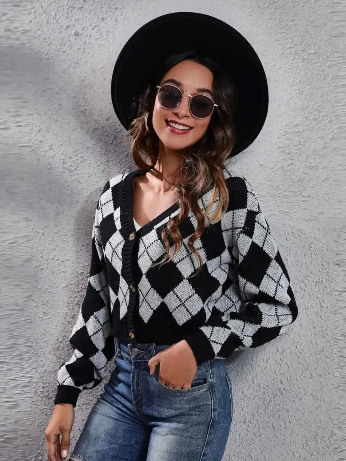Geometric Button Up Long Sleeve Cardigan - Bad Moms Club