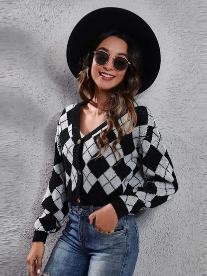 Geometric Button Up Long Sleeve Cardigan - Bad Moms Club