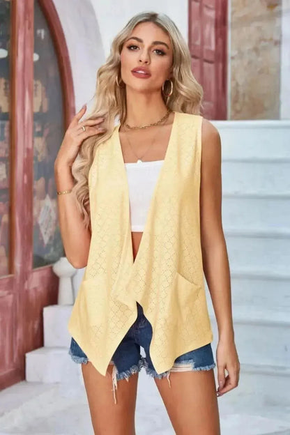 Eyelet Open Front Sleeveless Cardigan - Bad Moms Club