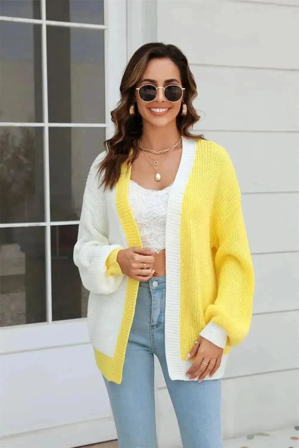Open Front Contrast Color Balloon Sleeve Cardigan - Bad Moms Club