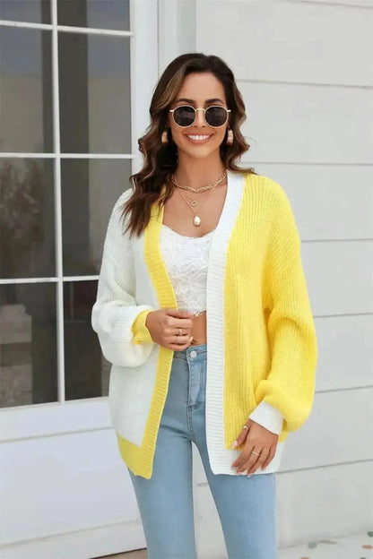 Open Front Contrast Color Balloon Sleeve Cardigan - Bad Moms Club