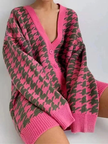 Houndstooth Button Up Long Sleeve Cardigan - Bad Moms Club