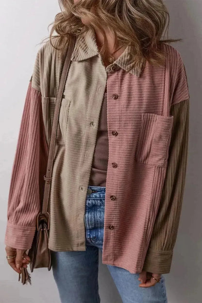 Button Up Color Block Long Sleeve Shacket - Bad Moms Club