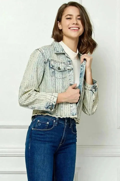 Veveret Multi Color Stripe Rhinestone Raw Hem Denim Jacket - Bad Moms Club