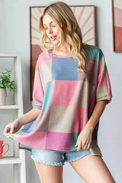 HOPELY Full Size Checkered Round Neck Side Slit T-Shirt - Bad Moms Club