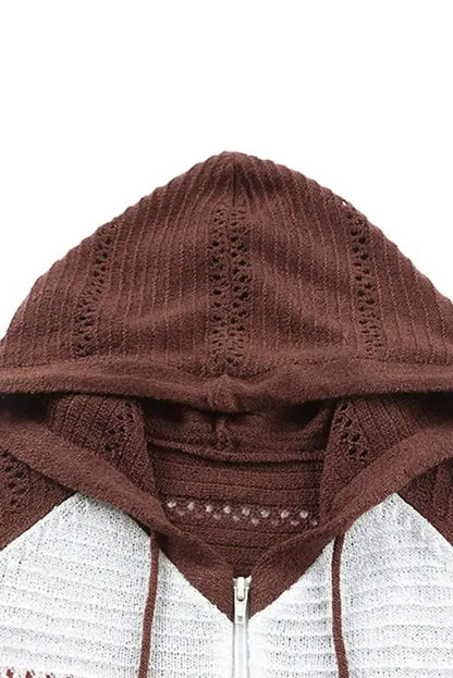 Zip-Up Raglan Sleeve Openwork Hooded Cardigan - Bad Moms Club