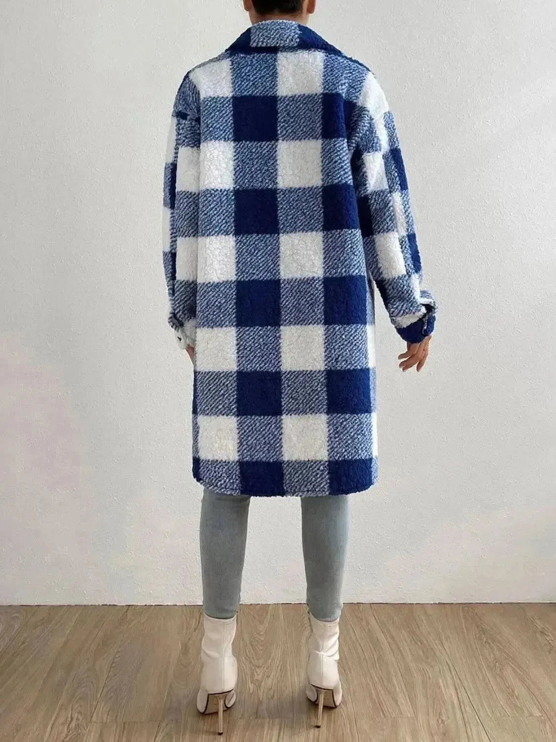 Plaid Collared Neck Button Down Coat - Bad Moms Club