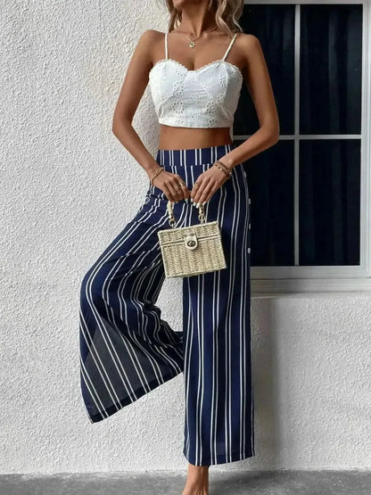 Perfee Striped Slit Wide Leg Pants - Bad Moms Club