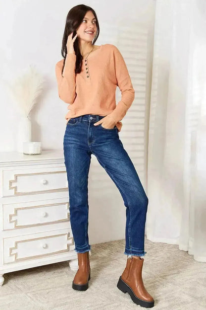 Basic Bae Half Button Long Sleeve Top - Bad Moms Club