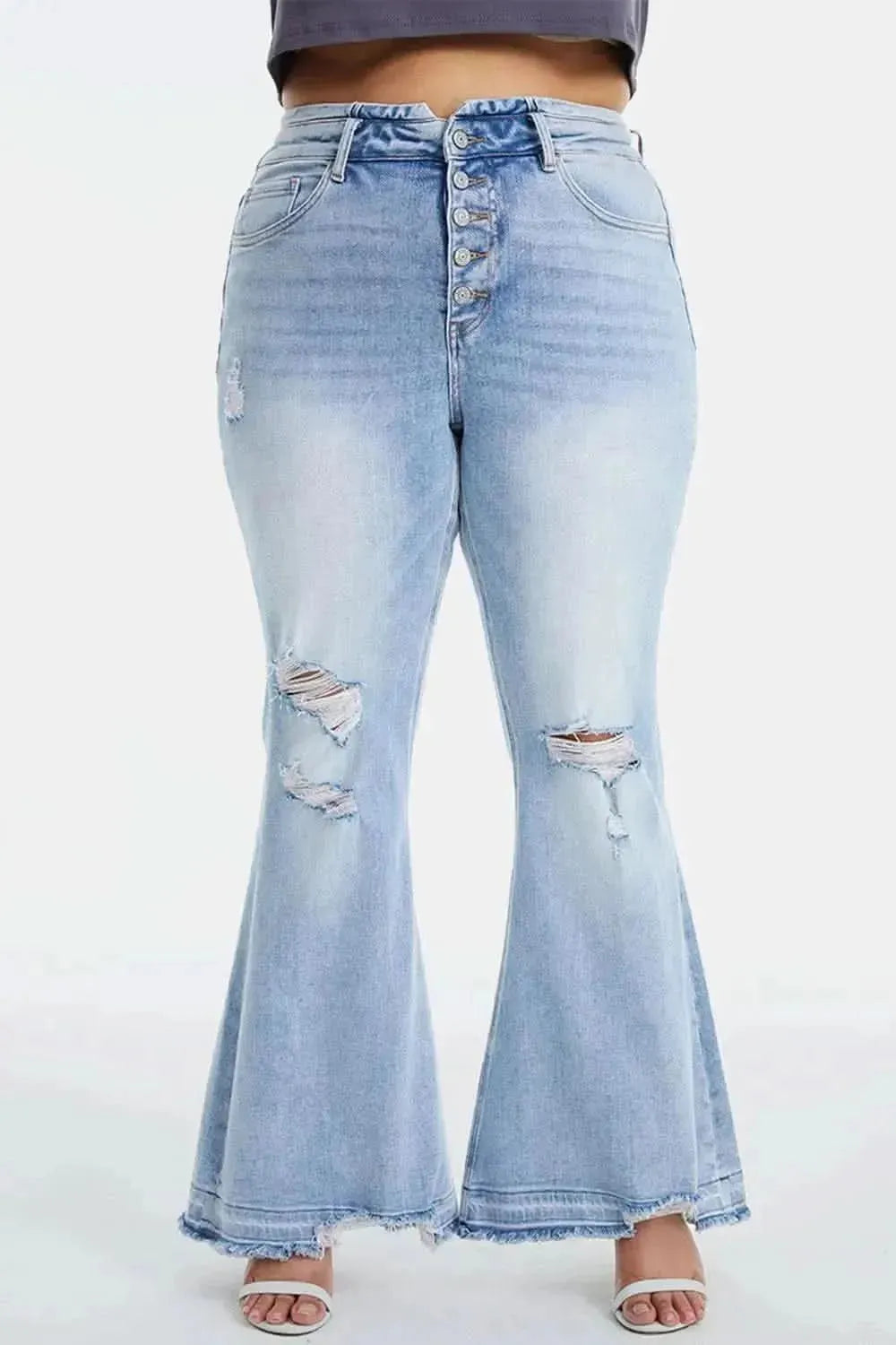 BAYEAS Full Size Distressed Raw Hem High Waist Flare Jeans - Bad Moms Club