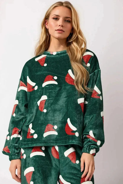Christmas Hat Pattern Round Neck Long Sleeve Top and Pants Set - Bad Moms Club