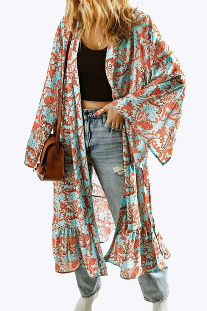 Printed Open Front Duster Cardigan - Bad Moms Club