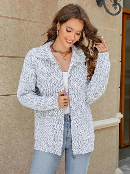 Zip-Up Collared Cardigan with Pockets - Bad Moms Club