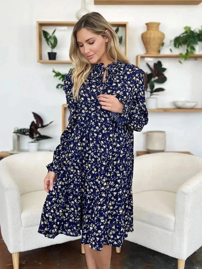 Double Take Full Size Printed Ruffle Hem Long Sleeve Tiered Dress - Bad Moms Club