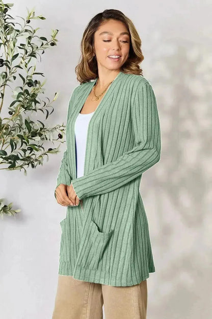 Basic Bae Full Size Ribbed Open Front Cardigan with Pockets - Bad Moms Club
