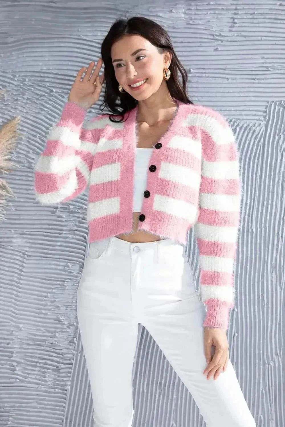 Striped Button Up Cropped Cardigan - Bad Moms Club