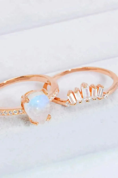 Natural Moonstone and Zircon 18K Rose Gold-Plated Two-Piece Ring Set - Bad Moms Club