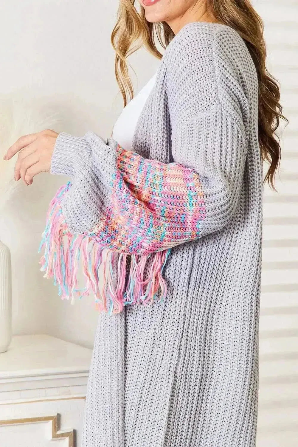 Woven Right Fringe Sleeve Dropped Shoulder Cardigan - Bad Moms Club