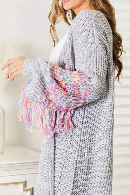 Woven Right Fringe Sleeve Dropped Shoulder Cardigan - Bad Moms Club