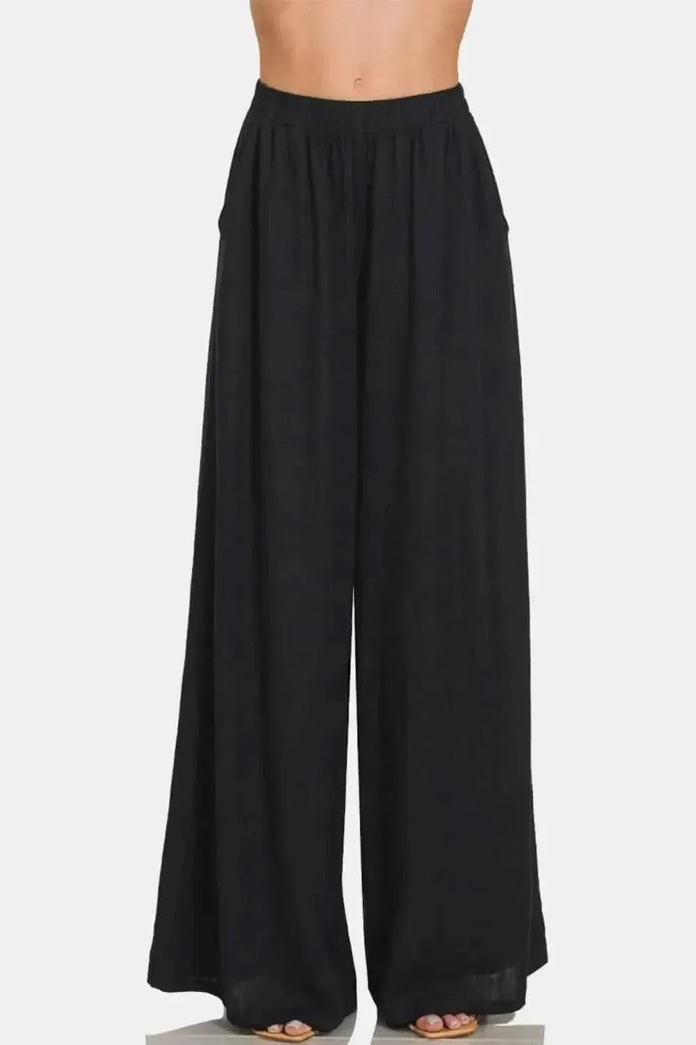 Zenana Pleated Linen Blend Wide Leg Pants - Bad Moms Club