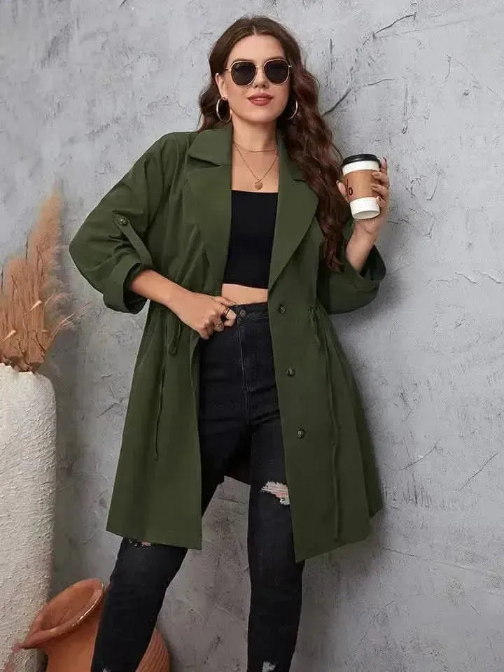 Plus Size Lapel Collar Roll-Tab Sleeve Trench Coat - Bad Moms Club