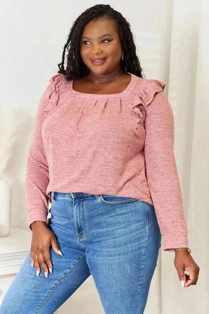 Double Take Square Neck Ruffle Shoulder Long Sleeve T-Shirt - Bad Moms Club
