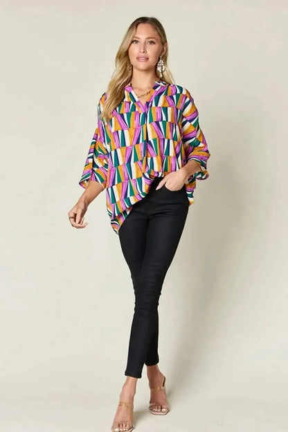 Double Take Full Size Geometric Notched Dolman Sleeve Top - Bad Moms Club