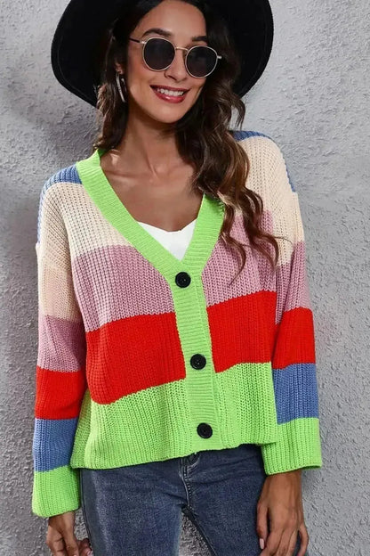 Color Block Button-Down Dropped Shoulder Cardigan - Bad Moms Club