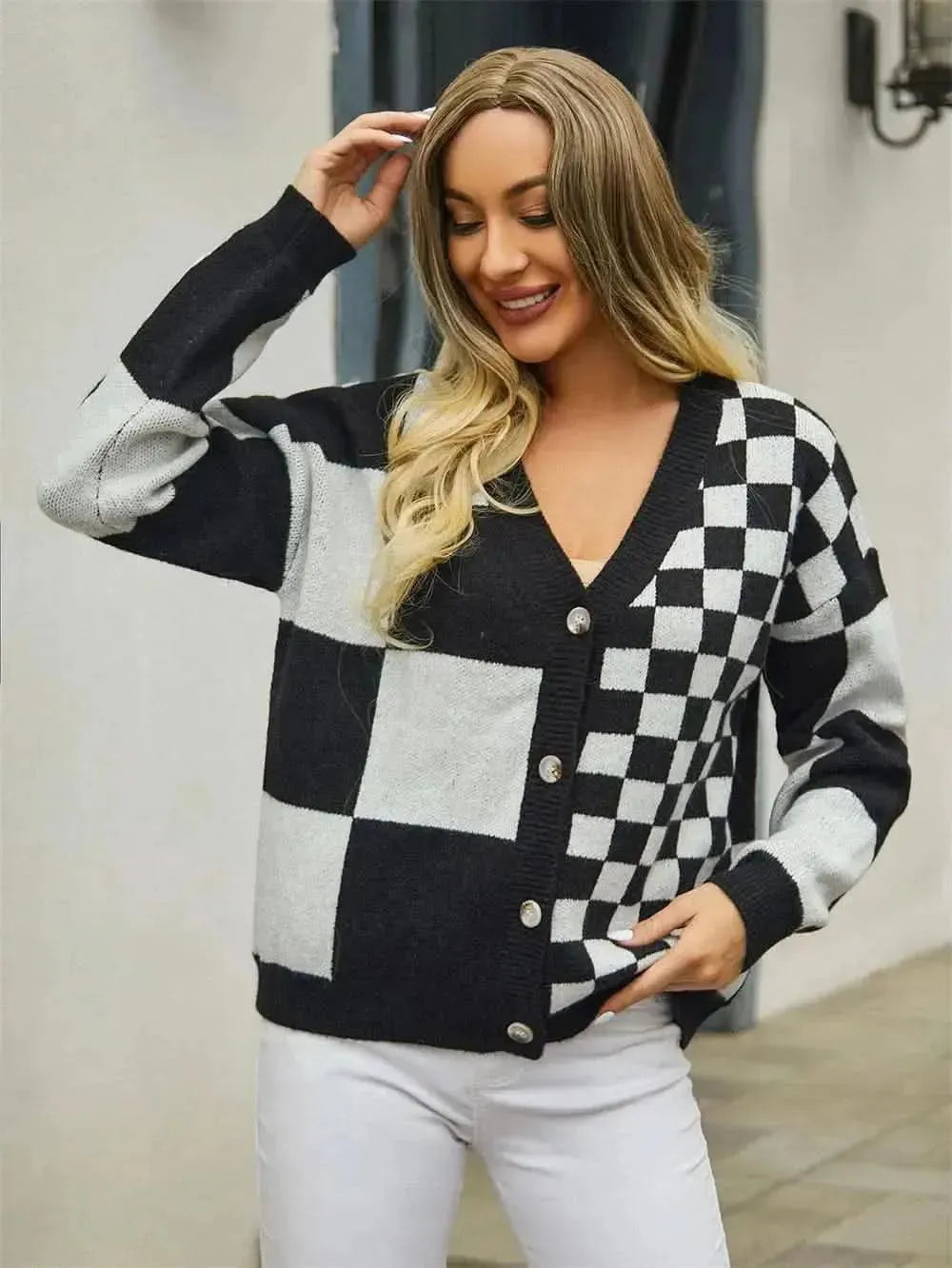 Plaid V-Neck Dropped Shoulder Cardigan - Bad Moms Club