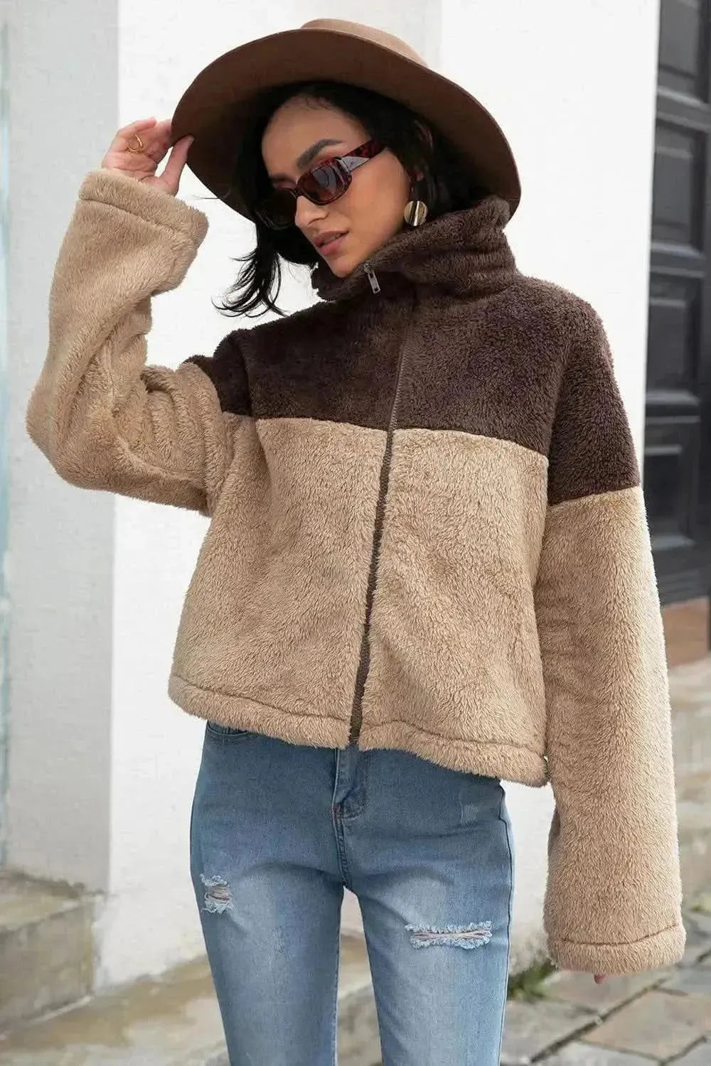 Two-Tone Collared Neck Fuzzy Jacket - Bad Moms Club