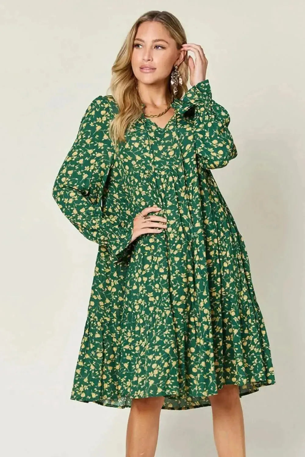 Double Take Full Size Printed Ruffle Hem Long Sleeve Tiered Dress - Bad Moms Club