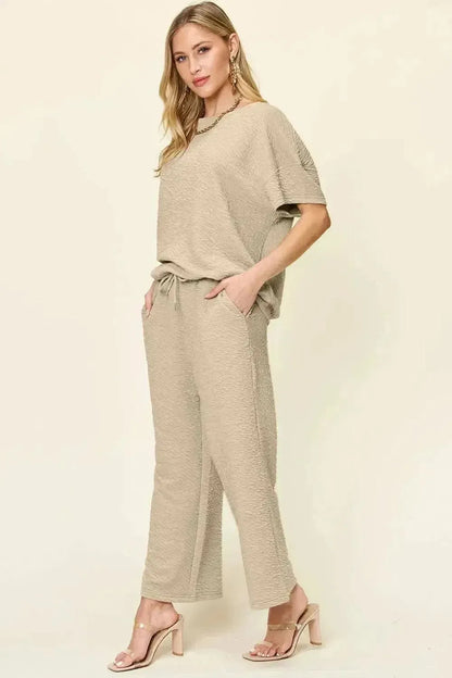 Double Take Full Size Texture Short Sleeve Top and Pants Set - Bad Moms Club