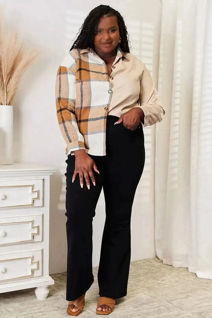 Perfee Plaid Print Dropped Shoulder Shirt - Bad Moms Club