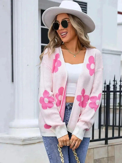 Flower Open Front Long Sleeve Cardigan - Bad Moms Club