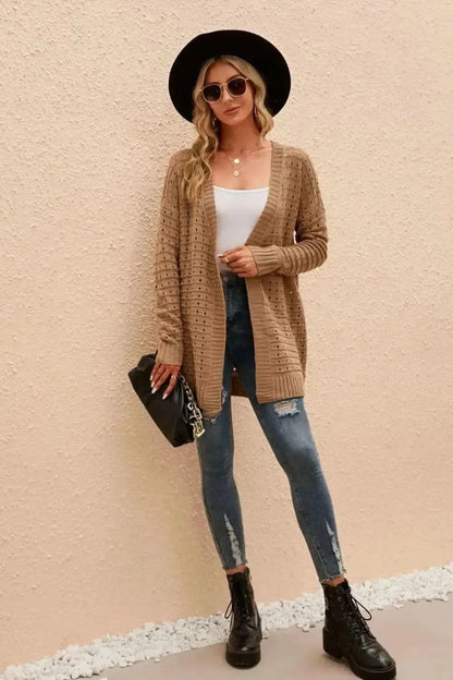 Openwork Horizontal Ribbing Open Front Cardigan - Bad Moms Club